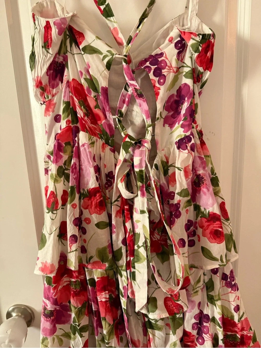 Floral Tiered Halter Maxi Dress - White with Pink & Red Floral